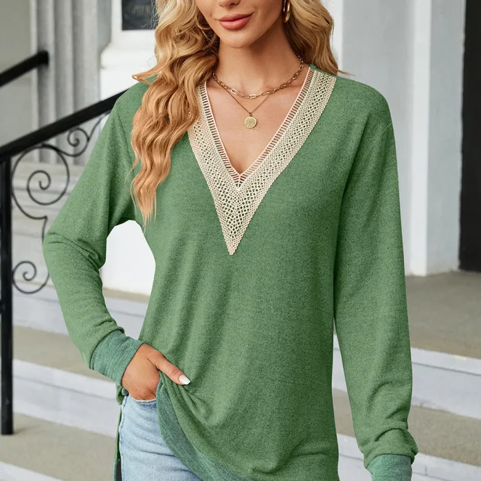 Slit V-Neck Long Sleeve T-Shirt