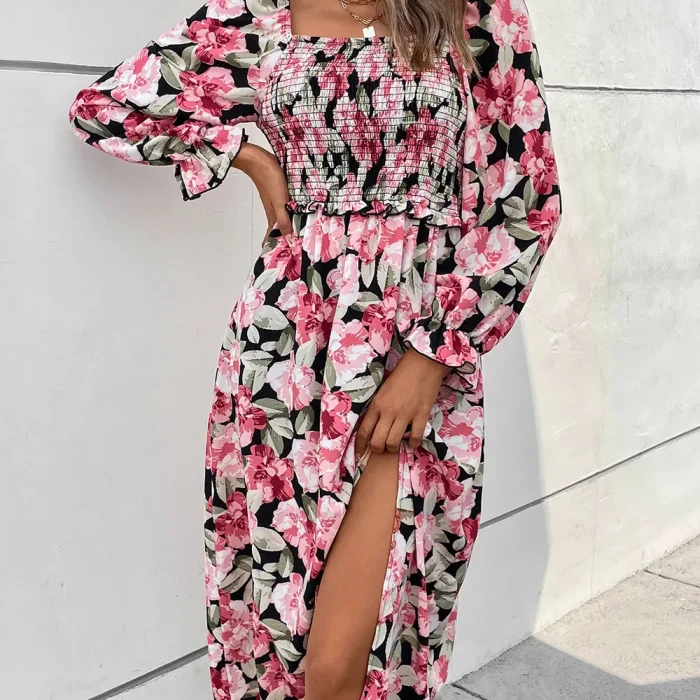 Perfee Slit Smocked Floral Flounce Sleeve Dress