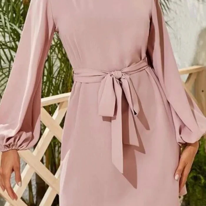 Tied Boat Neck Balloon Sleeve Mini Dress